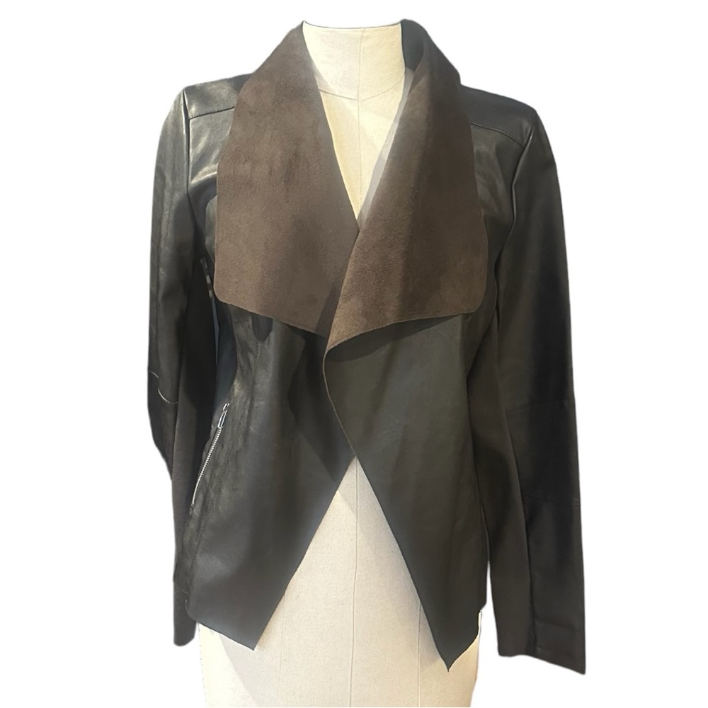 TCEC Dark Brown Med faux leather and suede Jacket Open Front Zipper Pockets NWOT